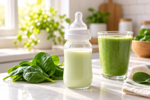 Glass baby bottle with light green breast milk next to fresh spinach leaves on a counter.
