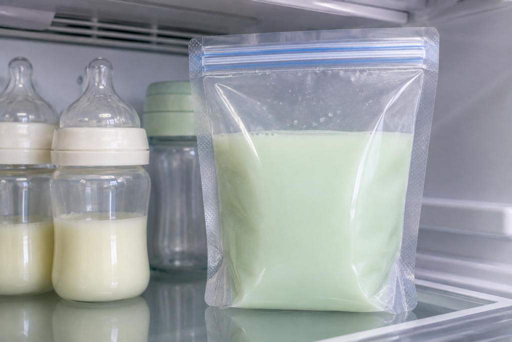 Clear storage bag filled with light green breast milk sitting on a refrigerator shelf.