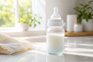 Glass baby bottle with clear translucent foremilk sitting on a clean kitchen counter.