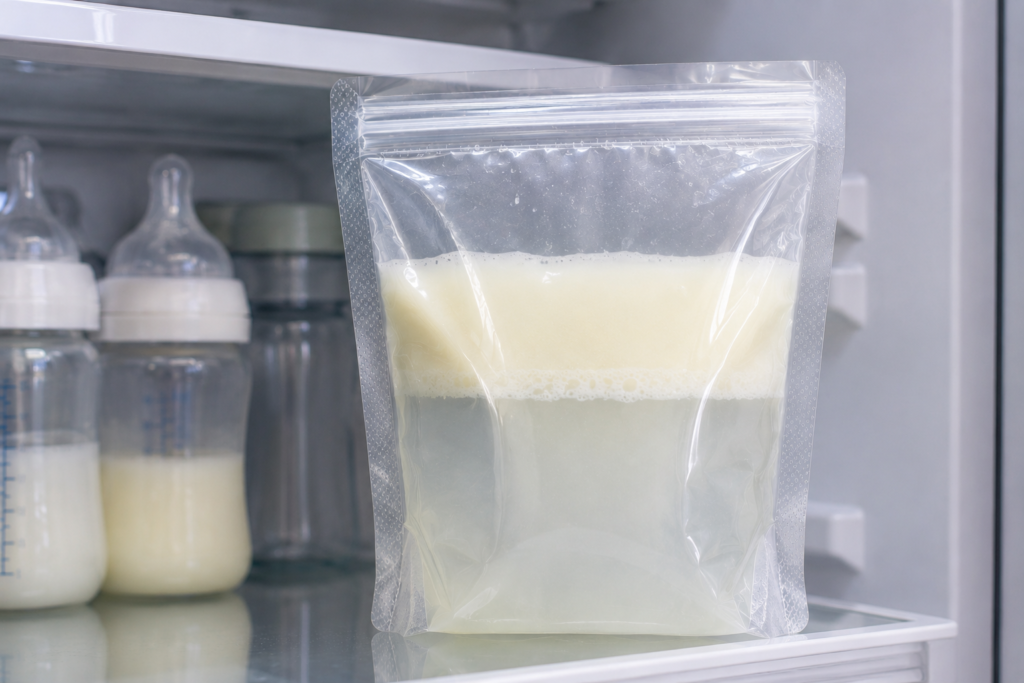 Clear storage bag in refrigerator showing fat separation with clear watery milk at the bottom.