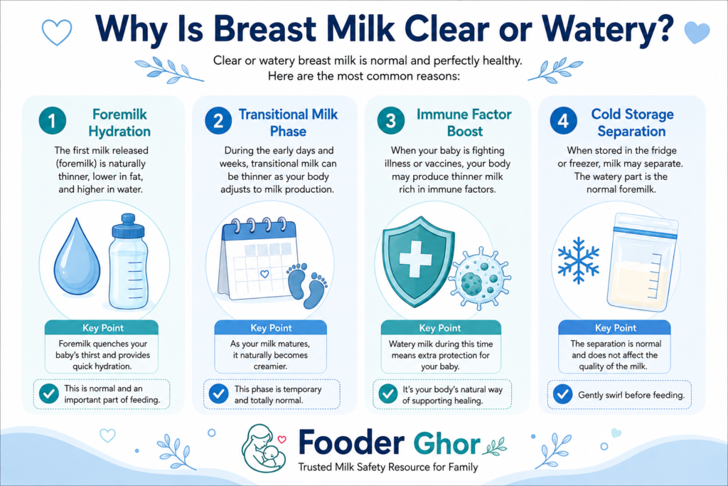 Fooder Ghor educational guide explaining 4 causes of clear and watery breast milk including foremilk, transitional milk, immunity, and storage.