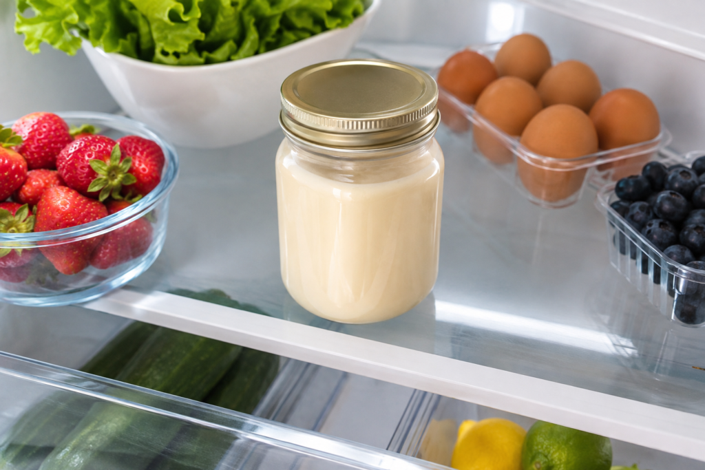 Sealed glass jar containing leftover evaporated milk stored on a clean refrigerator shelf.