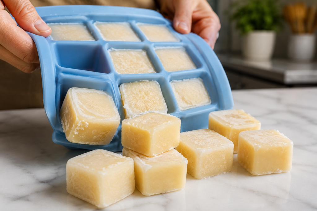Hands removing frozen evaporated milk cubes from a silicone ice tray for portioned freezer storage.