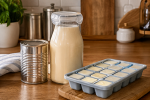 Unopened can, glass bottle, and silicone ice cube tray showing how to store evaporated milk on a kitchen counter.