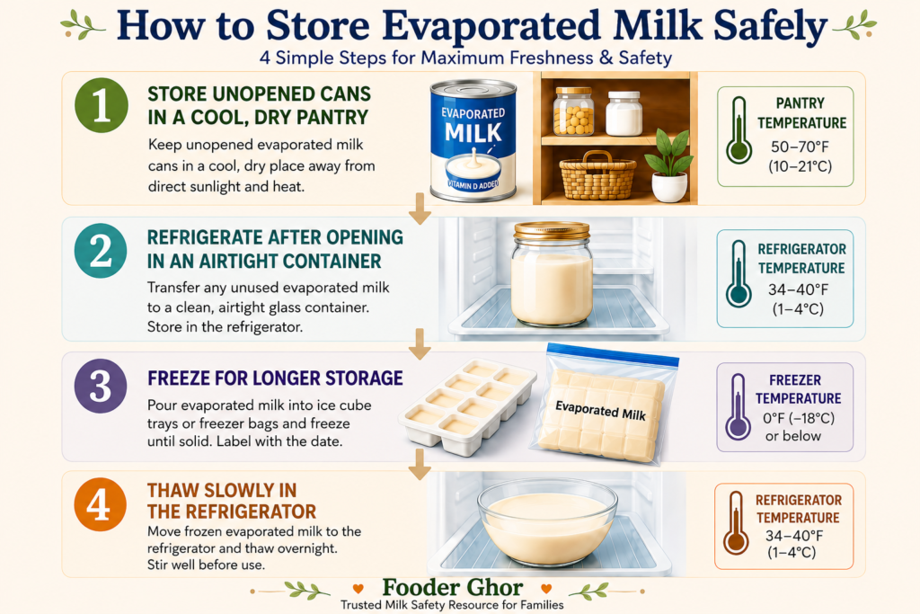 Comprehensive 4-step storage flowchart infographic for evaporated milk created by Fooder Ghor.