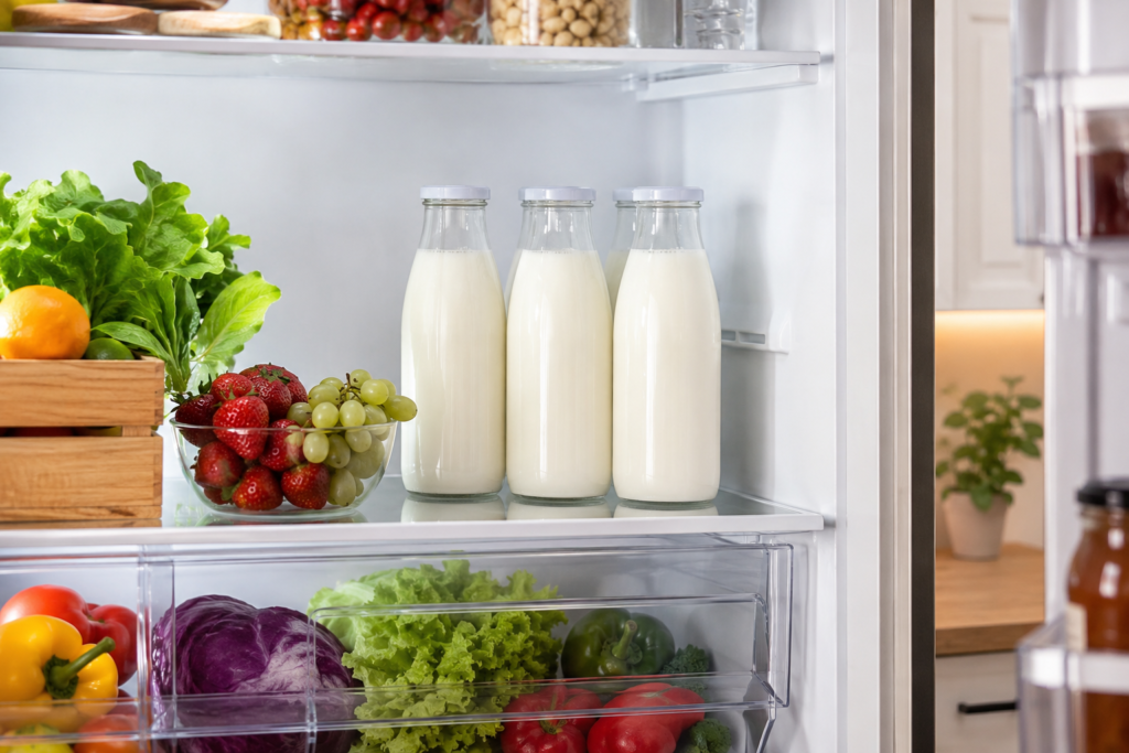 Properly storing goat milk on the back shelf of an open refrigerator.