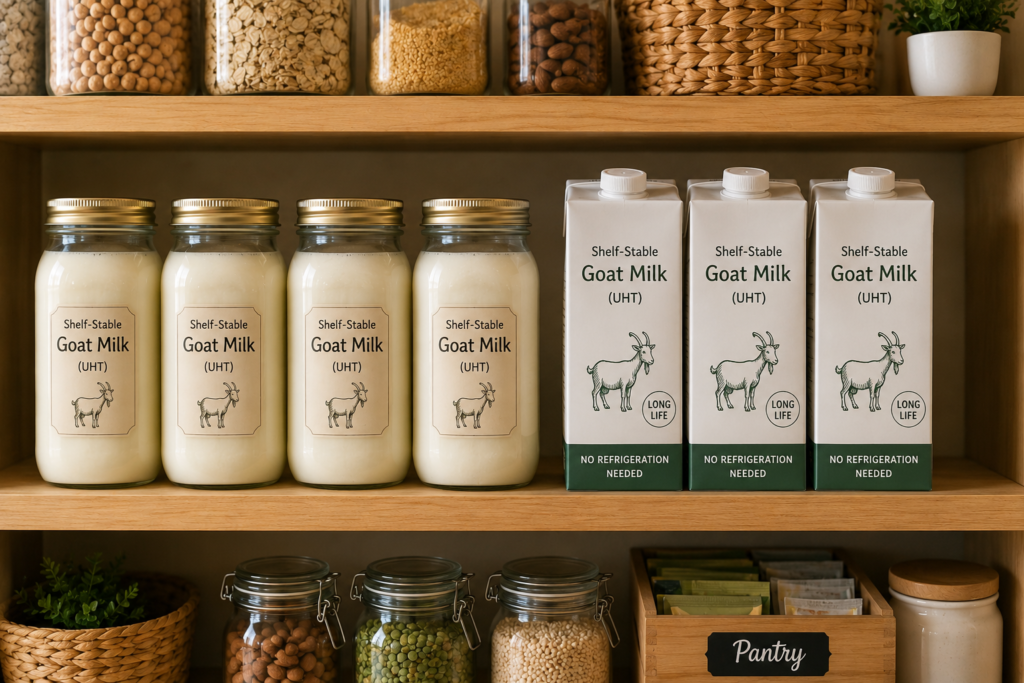 Shelf-stable preserved goat milk packages stored neatly on a home pantry shelf.