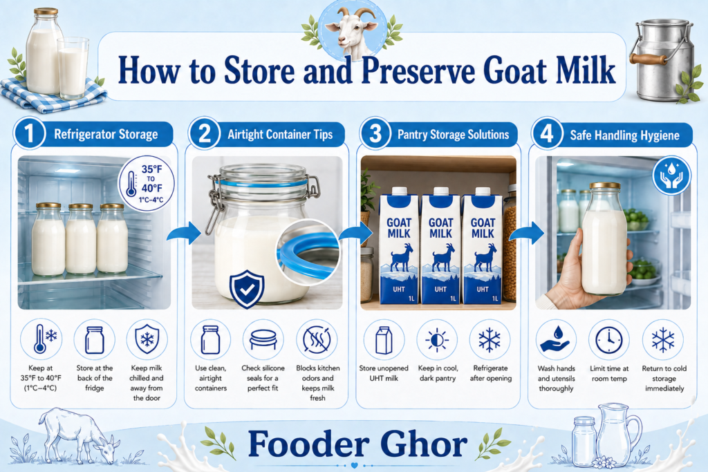 Step-by-step infographic guide on how to store and preserve goat milk at 35°F to 40°F by Fooder Ghor.