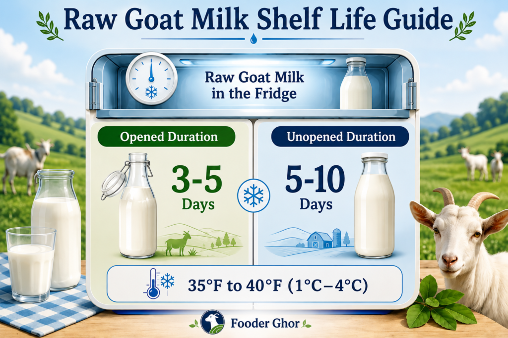 A comparison chart image illustrating the shelf life of opened versus unopened raw goat milk in the refrigerator, stating 3-5 days opened, 5-10 days