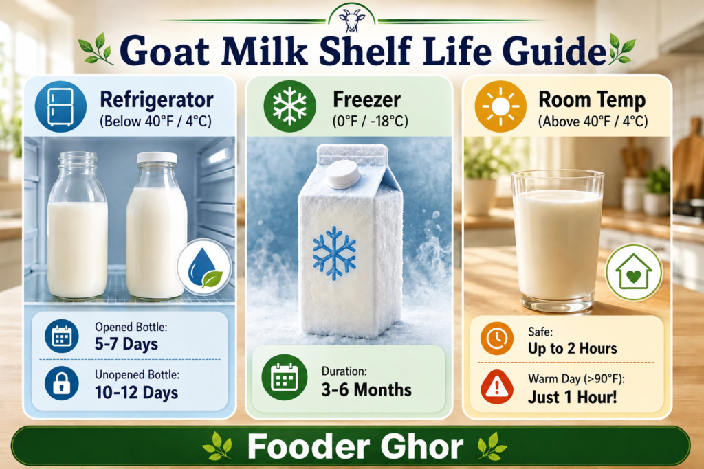 An informative infographic summarizing goat milk shelf life for opened vs unopened refrigeration, freezing, and room temperature storage, as detailed on the Fooder Ghor.