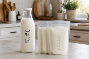 Fresh goat milk in glass bottle next to frozen goat milk storage bags on kitchen counter.