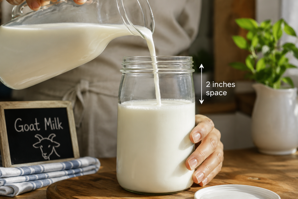 Pouring fresh goat milk into a glass mason jar leaving headspace for freezing.
