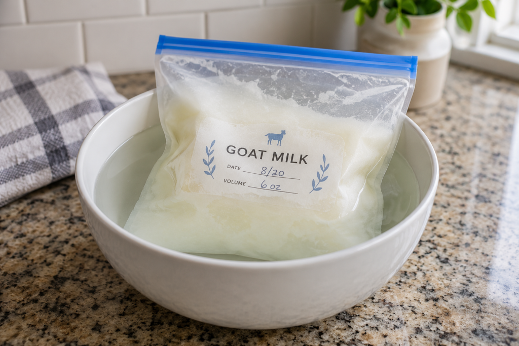 Sealed bag of frozen goat milk undergoing water bath thawing in a ceramic bowl.