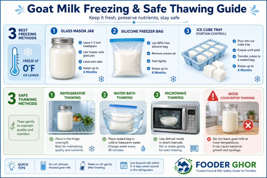 Fooder Ghor infographic showing 3 safe ways to freeze and thaw goat milk properly.