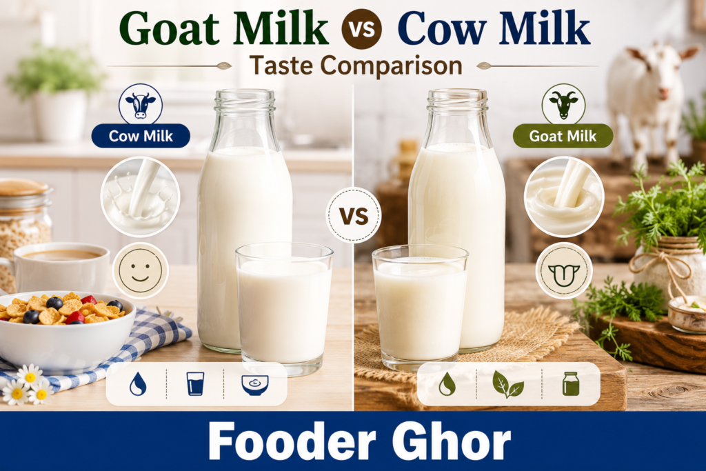 Goat milk vs cow milk taste comparison showing creamy texture, appearance, and flavor characteristics with realistic milk bottles in a side-by-side comparison.