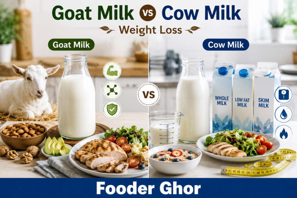 Goat milk vs cow milk weight loss comparison showing realistic milk bottles, balanced meals, and visual differences for calorie-conscious nutrition choices.