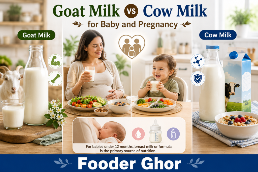 Goat milk vs cow milk for baby and pregnancy comparison showing a pregnant woman, a toddler over 12 months, and balanced family nutrition with both dairy options.