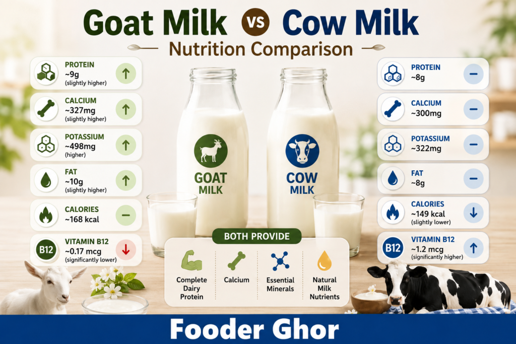 Goat Milk vs Cow Milk Nutrition Comparison Chart Infographic by Fooder Ghor
