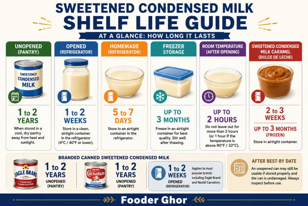 Sweetened condensed milk shelf life infographic by FooderGhor showing unopened shelf life (1 to 2 years), opened refrigerated shelf life (1 to 2 weeks), homemade shelf life (5 to 7 days), freezer storage (up to 3 months), and room temperature safety limit (2 hours).