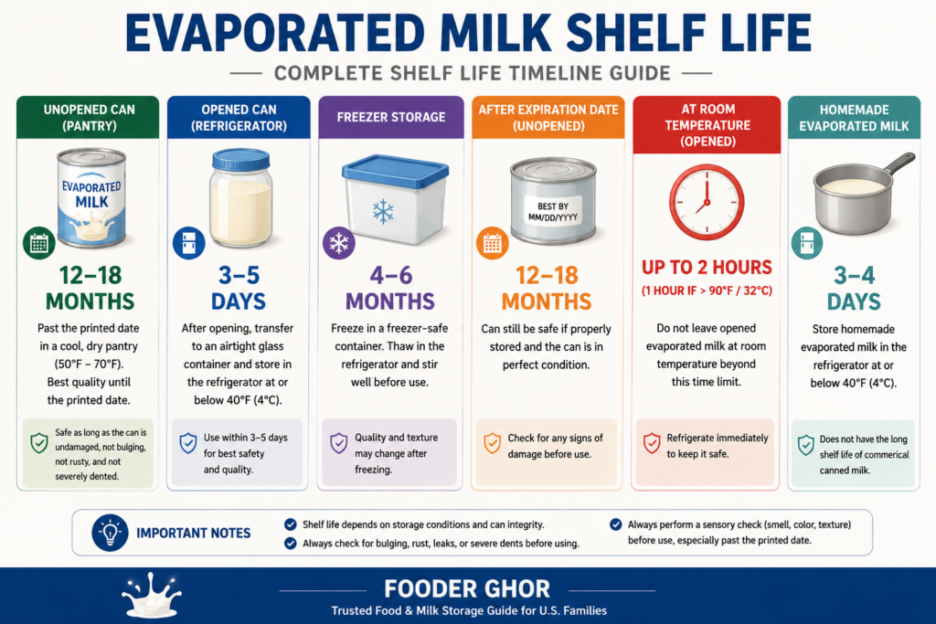 Evaporated milk shelf life infographic by Fooder Ghor showing unopened, opened, refrigerated, freezer, and room temperature storage timeline