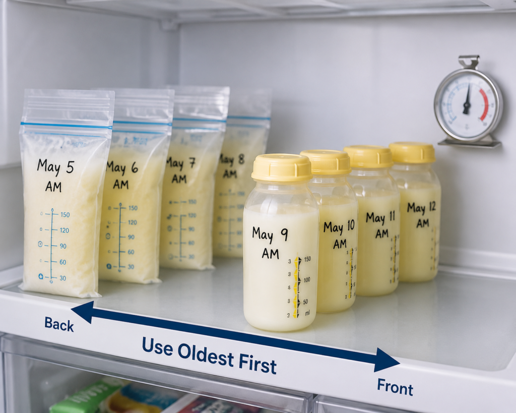 Organized breast milk bottles and bags stored on the back shelf of a refrigerator using the first-in-first-out rotation method.