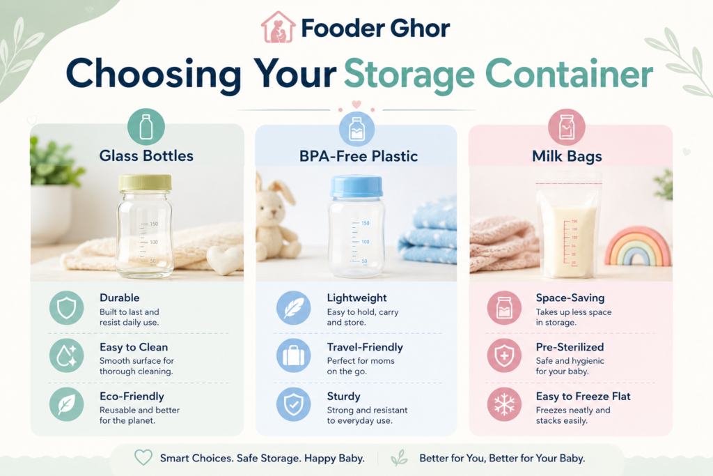 Infographic comparing breast milk storage options including glass bottles, BPA-free plastic containers, and storage bags.