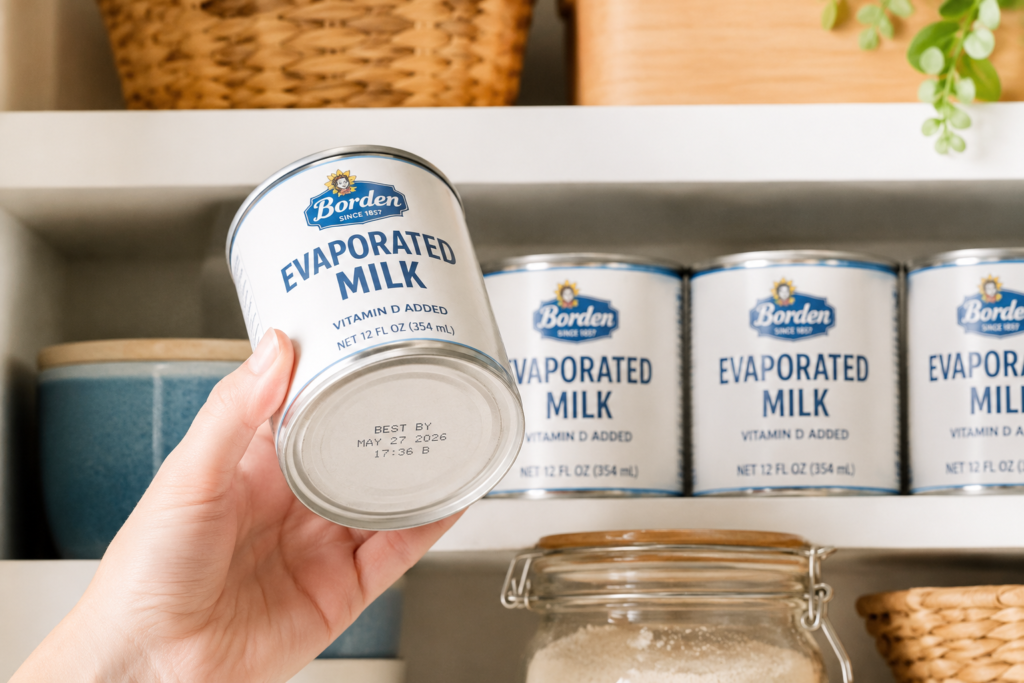 Unopened evaporated milk cans stored properly on a dry kitchen pantry shelf showing best by date