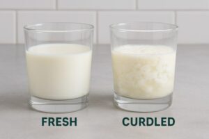 Comparison of fresh milk versus curdled spoiled milk in glass cups