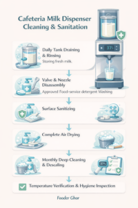 Cafeteria milk dispenser cleaning and sanitation checklist showing daily cleaning, valve washing, drying, descaling, and hygiene safety steps.