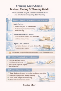 Can you freeze goat cheese infographic showing freezer storage time, texture changes, and safe thawing steps