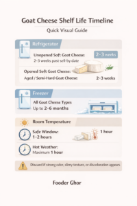 Goat cheese shelf life timeline chart showing refrigerator, freezer, and room temperature safety windows.