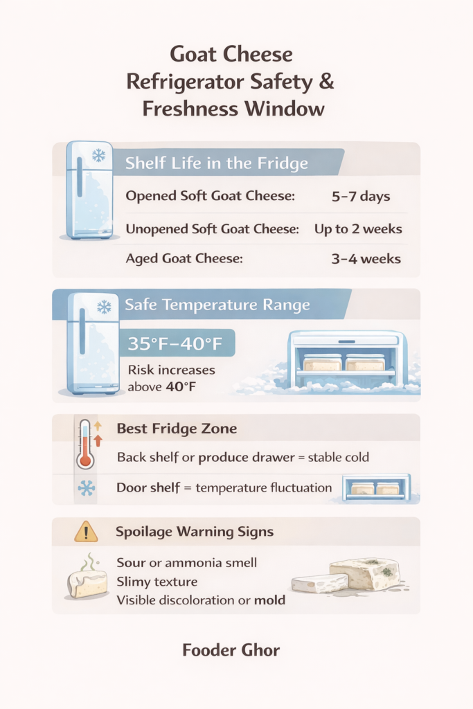 Goat cheese refrigerator safety infographic showing fridge shelf life, safe temperature range, best fridge storage zone, and spoilage warning signs for freshness