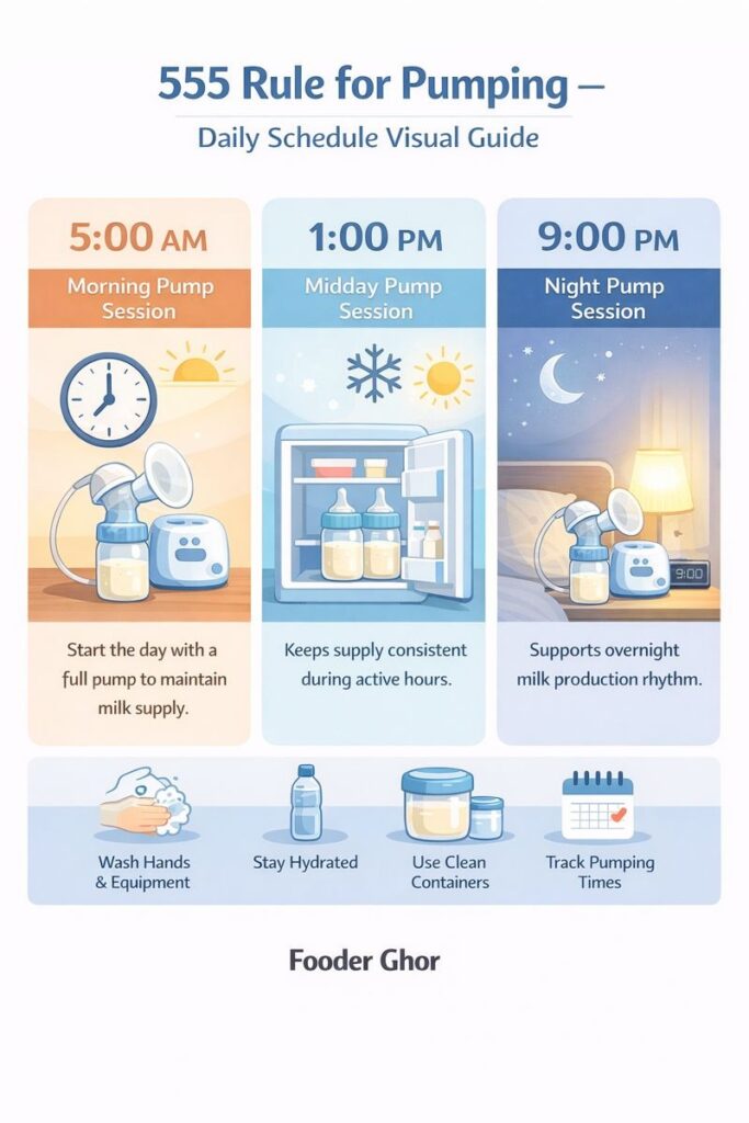 555 rule for pumping schedule showing 5 AM, 1 PM, and 9 PM sessions