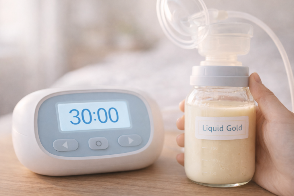 A split-screen style professional photo. On the left side, a digital clock shows "1:00 PM" (pumping time). On the right side, several breast milk storage bags are neatly organized in a refrigerator, each labeled with a date and "5 Days" (storage time). Clear, sharp focus, vibrant colors, emphasizing safety and organization.
