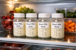 Freshly pumped breast milk stored safely in labeled bottles on the back shelf of a refrigerator