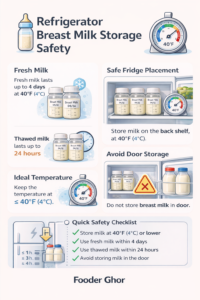 Breast milk refrigerator storage infographic showing fresh and thawed milk safety timelines and fridge placement guidelines