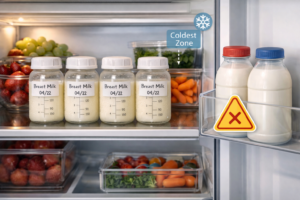 Correct placement of breast milk storage containers on the back shelf of a fridge for safe refrigeration