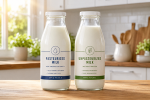 Two glass milk bottles comparing pasteurized vs unpasteurized milk on a kitchen table.