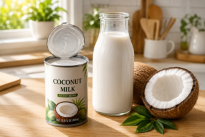 Fresh coconut milk in a glass bottle and open can on a clean wooden kitchen counter.