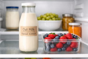 A bright and modern educational infographic chart titled "Oat Milk Freshness & Spoilage Guide". The graphic features three sections: Section 1 illustrates safe storage timelines (7-10 days opened, 2 hours out). Section 2 shows freezing rules (use ice trays, perfect for smoothies). Section 3 lists spoilage warning signs (sour smell, clumps, bloated carton). The design uses soft pastels, clear text, and light blue borders. At the very bottom center, the brand name "Fooder Ghor" is written in a clean, professional font. 3:2 aspect ratio, vector illustration style.