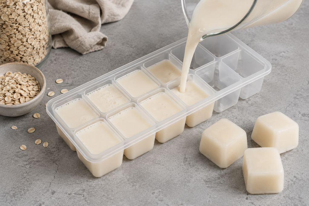 Filling a clean silicone ice cube tray with fresh oat milk for freezer storage.