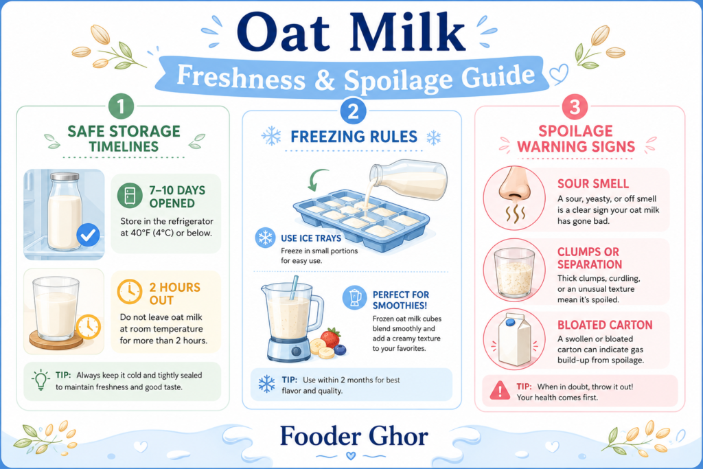 Fooder Ghor infographic chart explaining oat milk freshness timelines and spoilage signs.