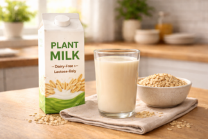 A glass of dairy-free oat milk next to a plant milk carton on a clean kitchen counter.