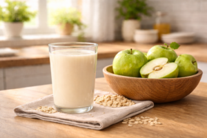 A fresh glass of healthy oat milk sitting on a kitchen counter next to raw grains and fruit.