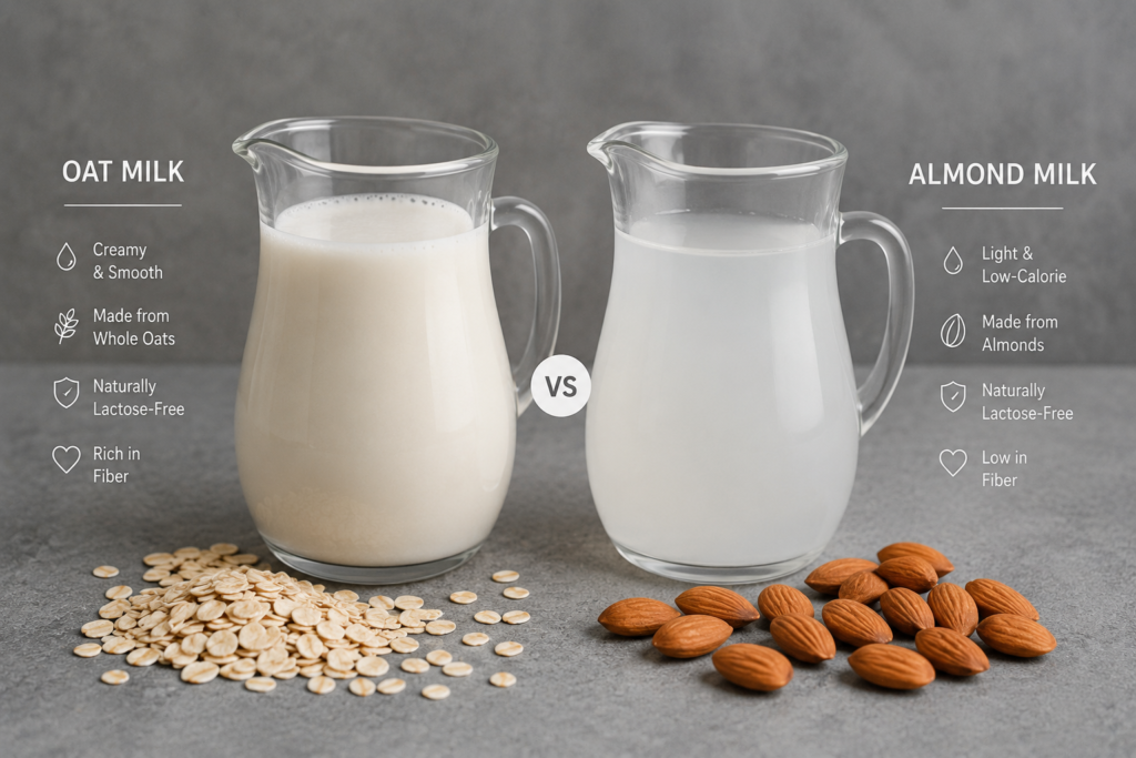 Visual texture comparison between creamy oat milk and thin almond milk.