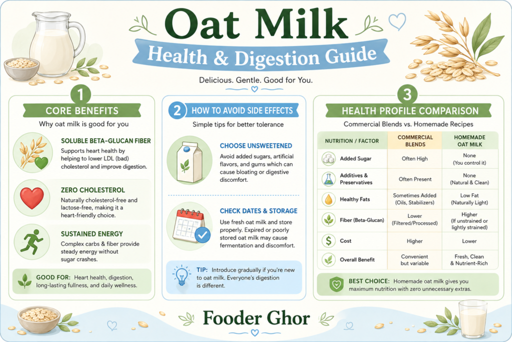 Fooder Ghor infographic chart detailing the health benefits and digestive impact of plant-based oat milk.