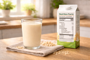A glass of fresh oat milk next to a clean nutrition facts label on a kitchen counter.