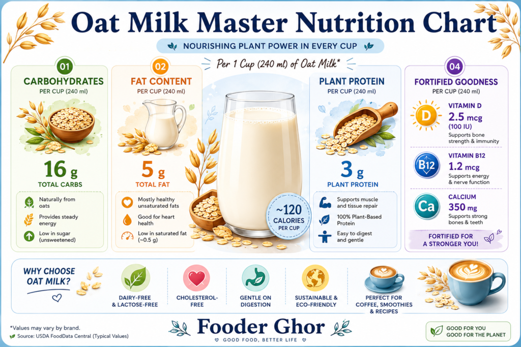 Fooder Ghor comprehensive master nutrition infographic chart for plant-based oat milk.