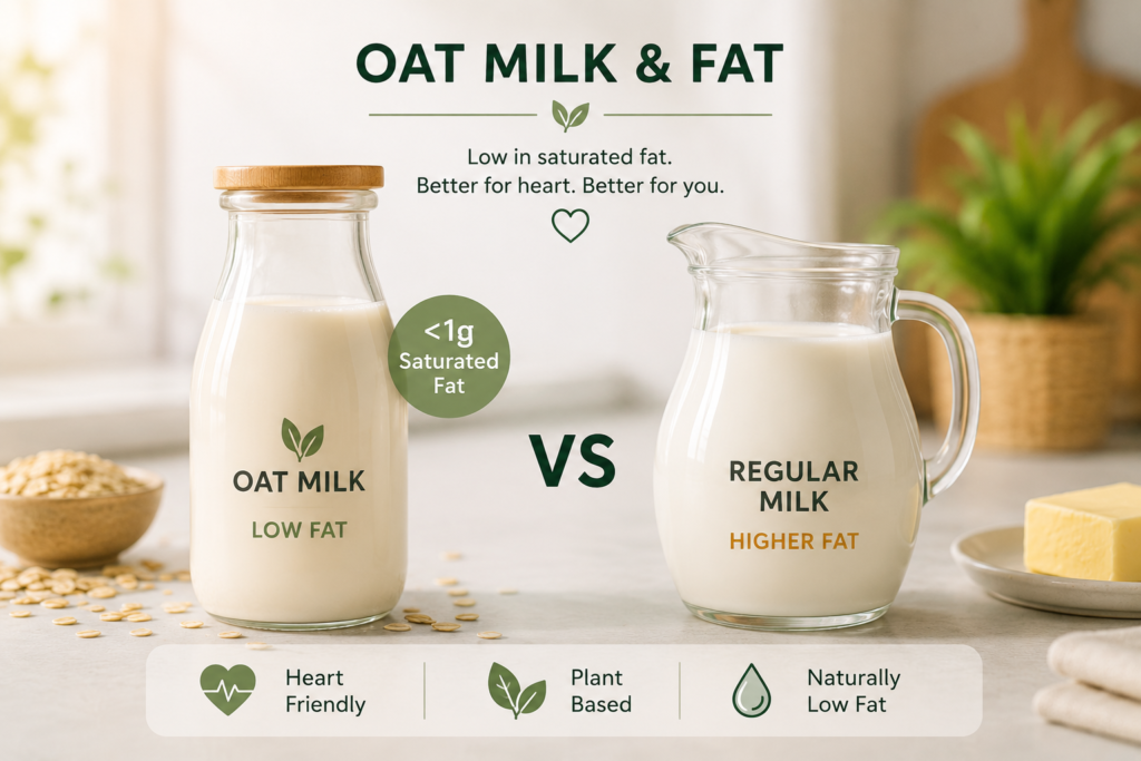 Low-fat oat milk compared with regular dairy milk in a bright kitchen setting, showing heart-friendly plant-based nutrition and lower saturated fat content.
