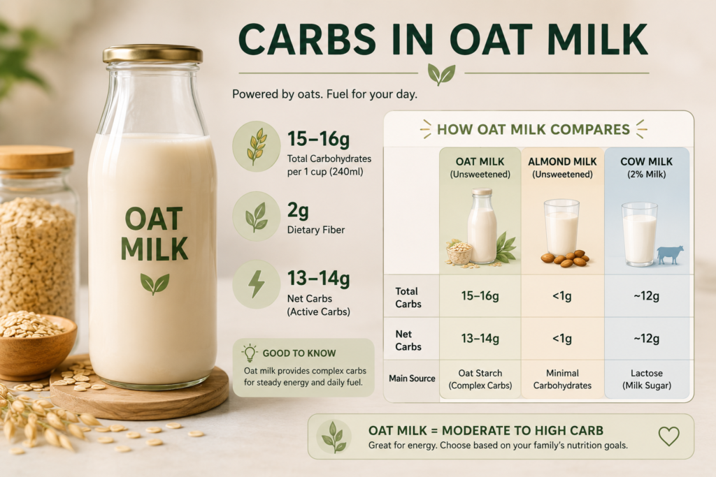 Carbs in oat milk infographic showing carbohydrate content, net carbs, fiber, and comparison with almond milk and cow milk.
